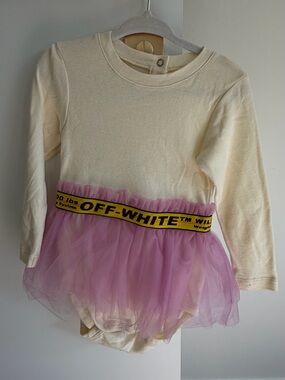 Off-White Cream Long Sleeve Bodysuit with Pink Tulle Skirt and Yellow Logo Band